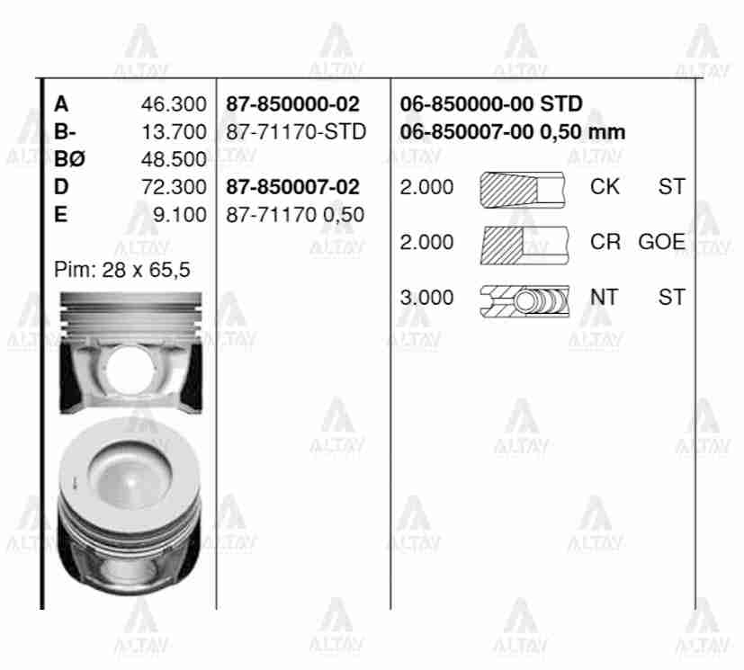 Hyundai Tucson Piston Segman 2004-2008 Segmanlı OEM 87-71170-STD